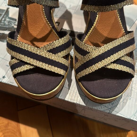 Sperry Top-Sider Harbordale navy/gold web buckle ankle strap cork wedges. 6M NIB - Picture 8 of 8